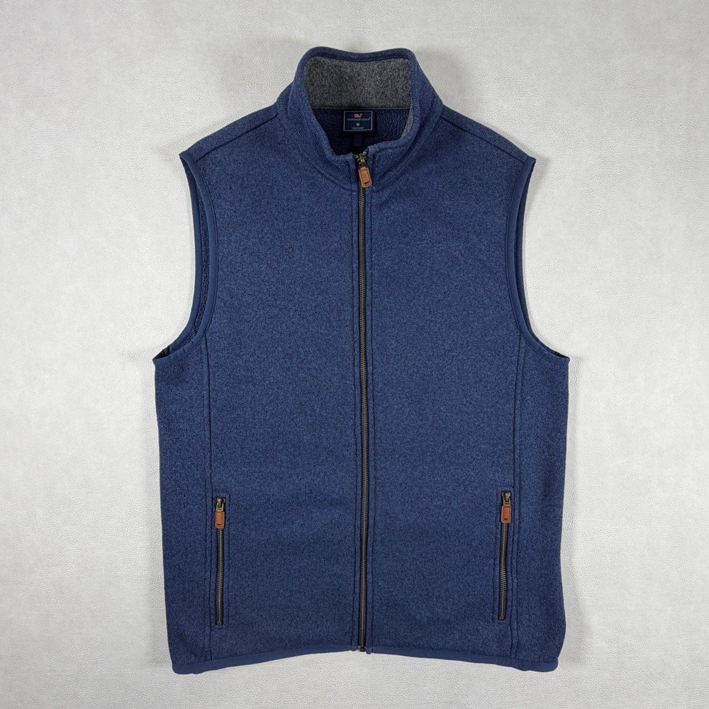Vineyard Vines Mens Medium Heather Navy Full Zip Fleece Sweater Vest Blue - Picture 1 of 13